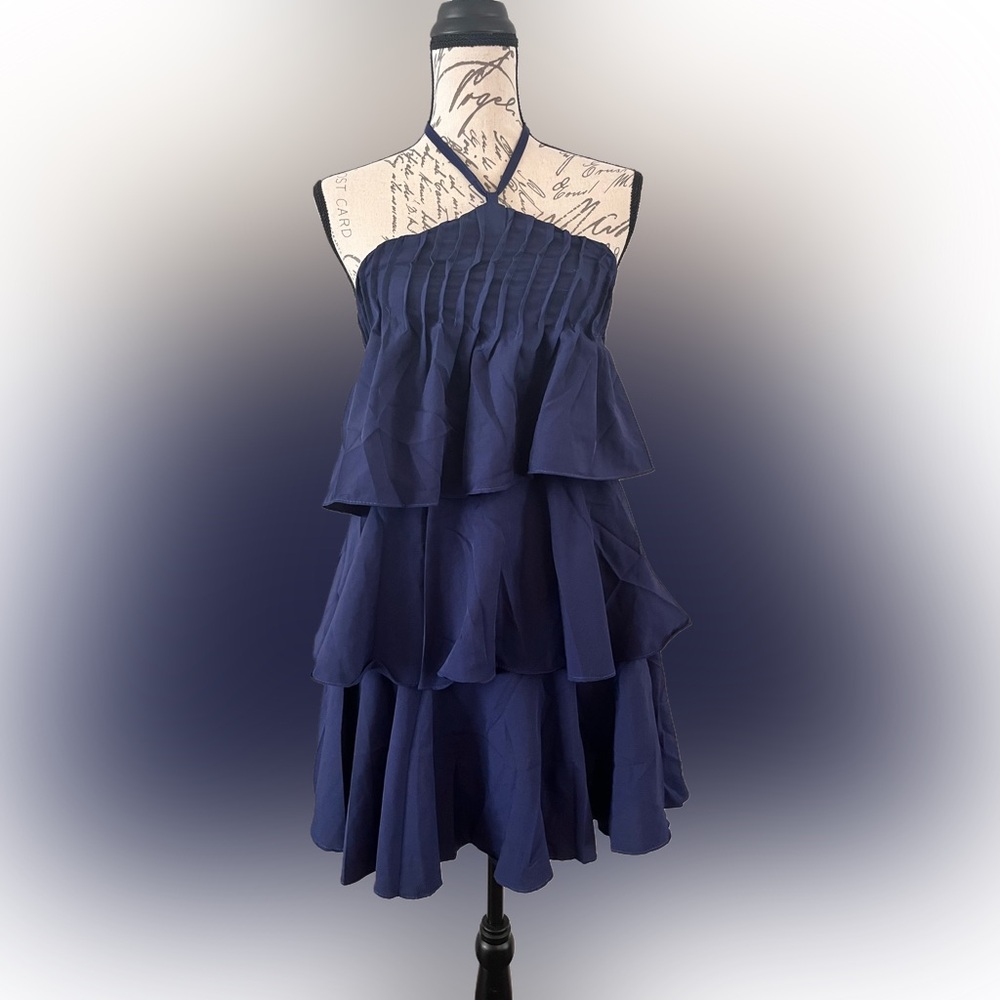 NWT Navy Blue Tiered Halter Mini Sundress Smocked Sz Small Tie Neck Bohemian - Picture 5 of 10